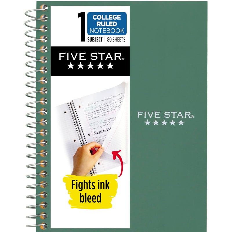 Five Star Spiral Notebook, 1 Subject, College Ruled Paper, Personal Size, 4-3/8"" x 7"", 80 Sheets, Fights Ink Bleed, Water Resistant Cover, Seaglass Green (450048CH1-ECM) - Image 1